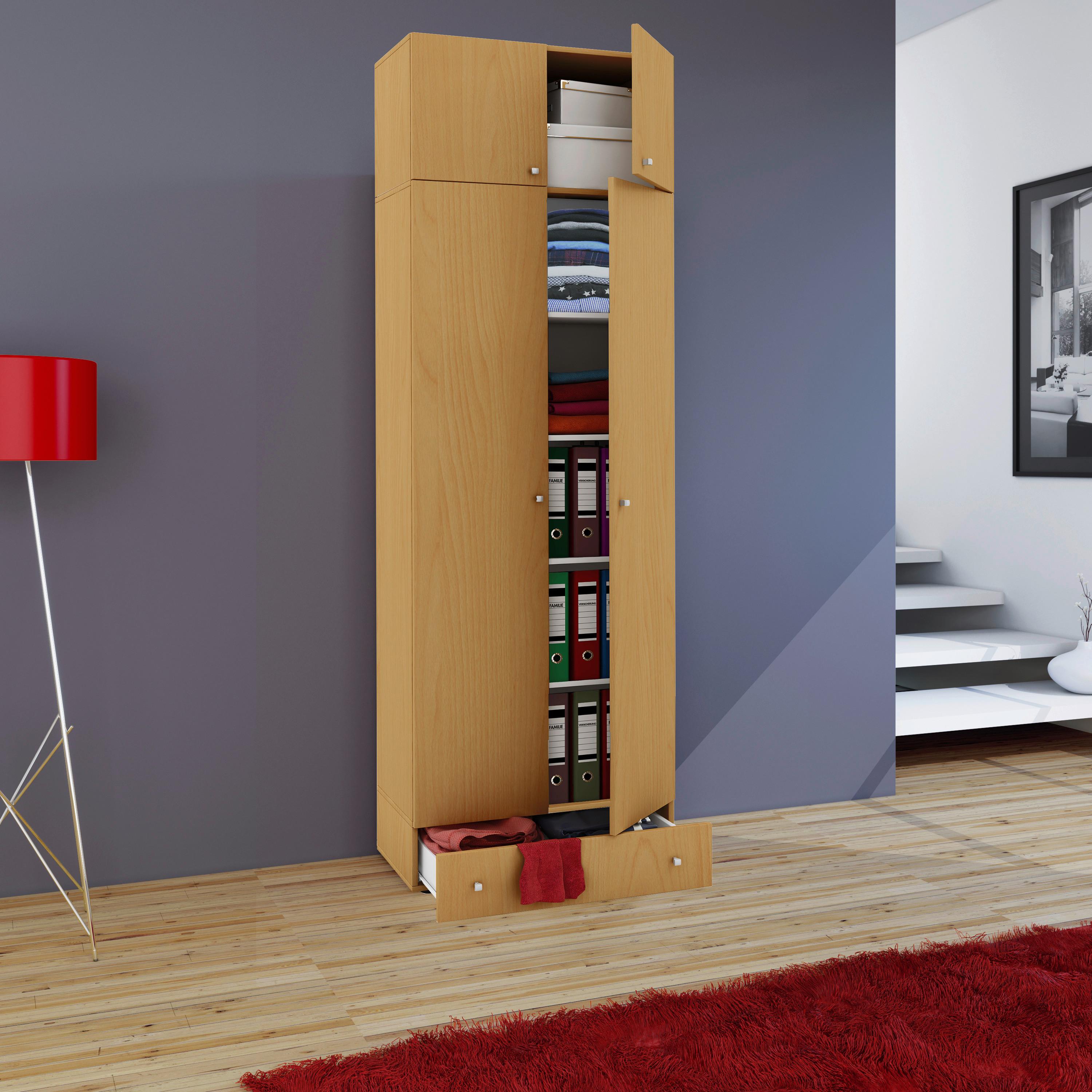 Viacúčelová skriňa VANDOL nadstavba so zásuvkou - farba buka/strieborná, Modern, kompozitné drevo/plast (70/238/39cm) - MID.YOU