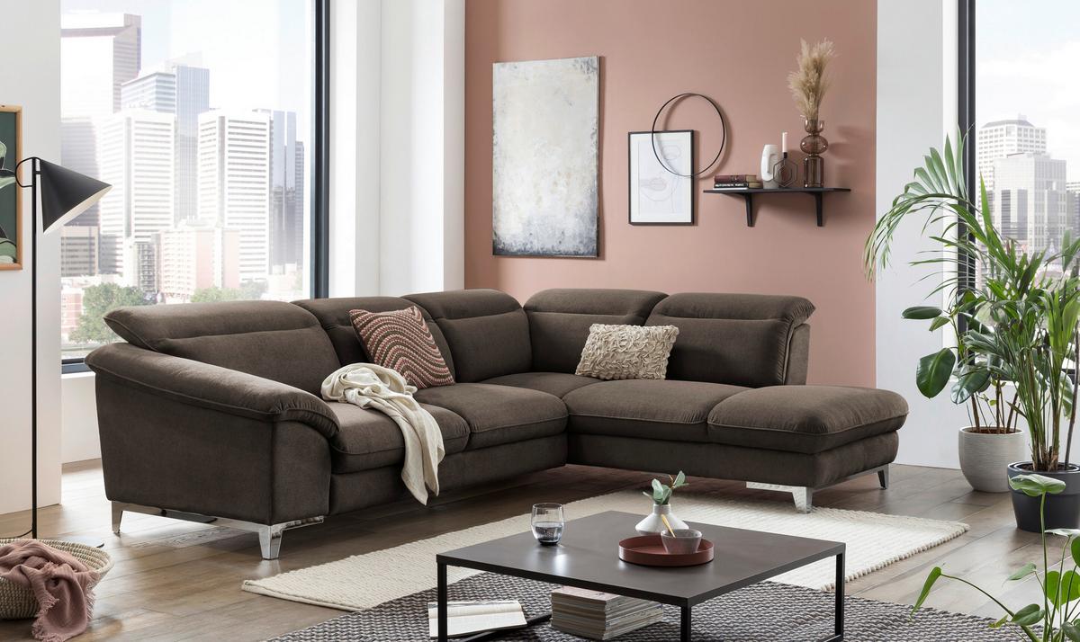 Ecksofa mit Schlaffunktion Teresa Dunkelbraun - Chromfarben/Dunkelbraun, Design, Textil (293/232cm) - Livetastic