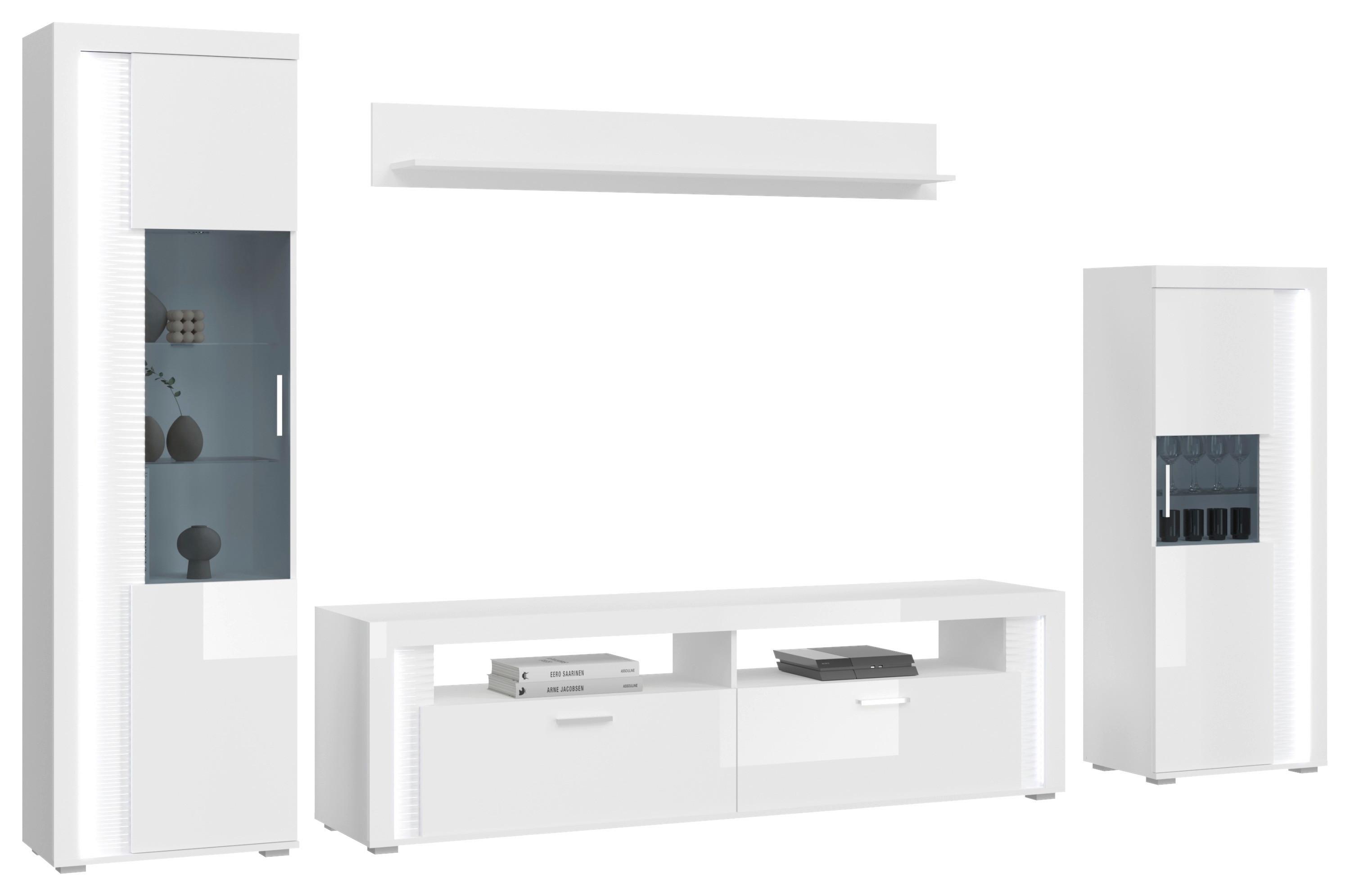 Wohnwand Skylight Weiß Hochglanz, 351 Cm - Weiß Hochglanz/Silberfarben, Design, Holzwerkstoff (351/202/46cm) - MID.YOU