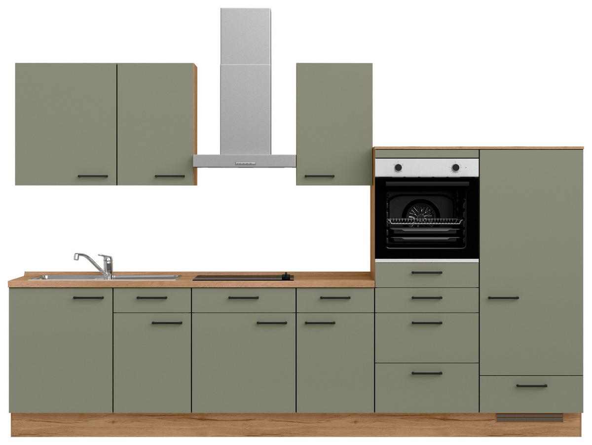 Kuchyňská linka 330 cm olivově zelená - barvy dubu/černá, Moderní, kov/kompozitní dřevo (330cm) - Nobilia