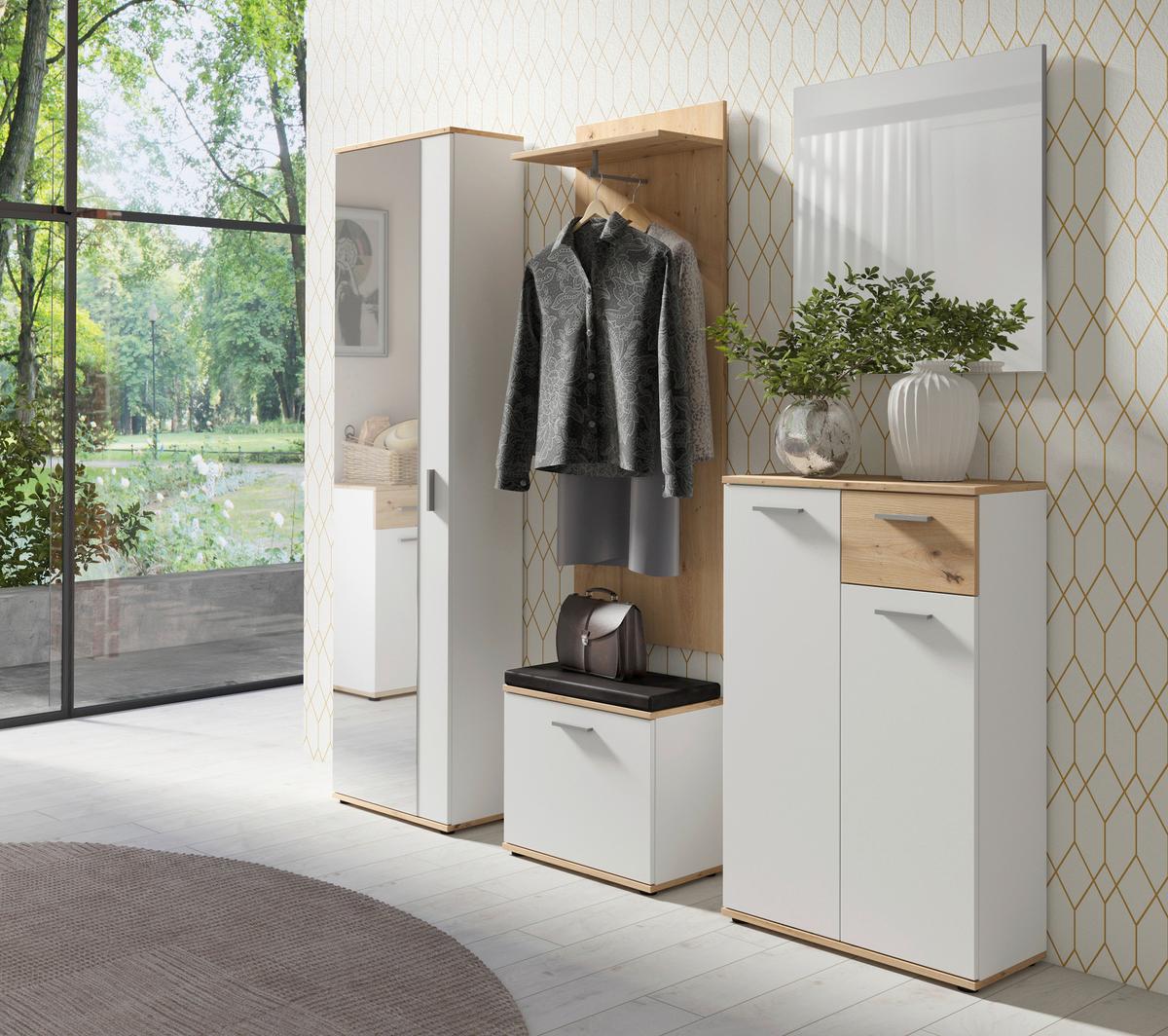 Garderobe Jakob 5-teilig Eiche Artisan/weiß B: 49 Cm - Weiß/Eiche Artisan, Design, Glas/Holzwerkstoff (49/196/30cm) - MID.YOU