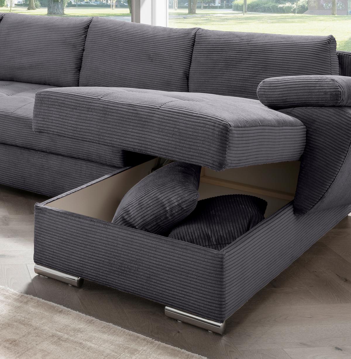 Wohnlandschaft Terana mit Schlaffunktion, Grau - Chromfarben/Grau, KONVENTIONELL, Textil (219/305/157cm) - P & B