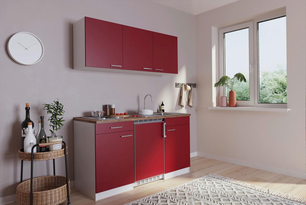 Miniküche Economy mit Geräten 150 cm Rot/ Nussbaum Dekor - Rot/Nussbaumfarben, Basics, Holzwerkstoff (150cm) - Respekta