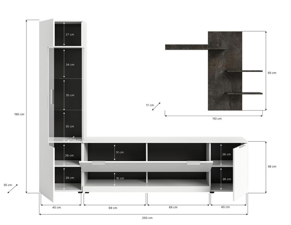 Szekrénysor Ben - fehér/szürke, Design, faalapú anyag/Üveg (250/190/35cm) - Livetastic