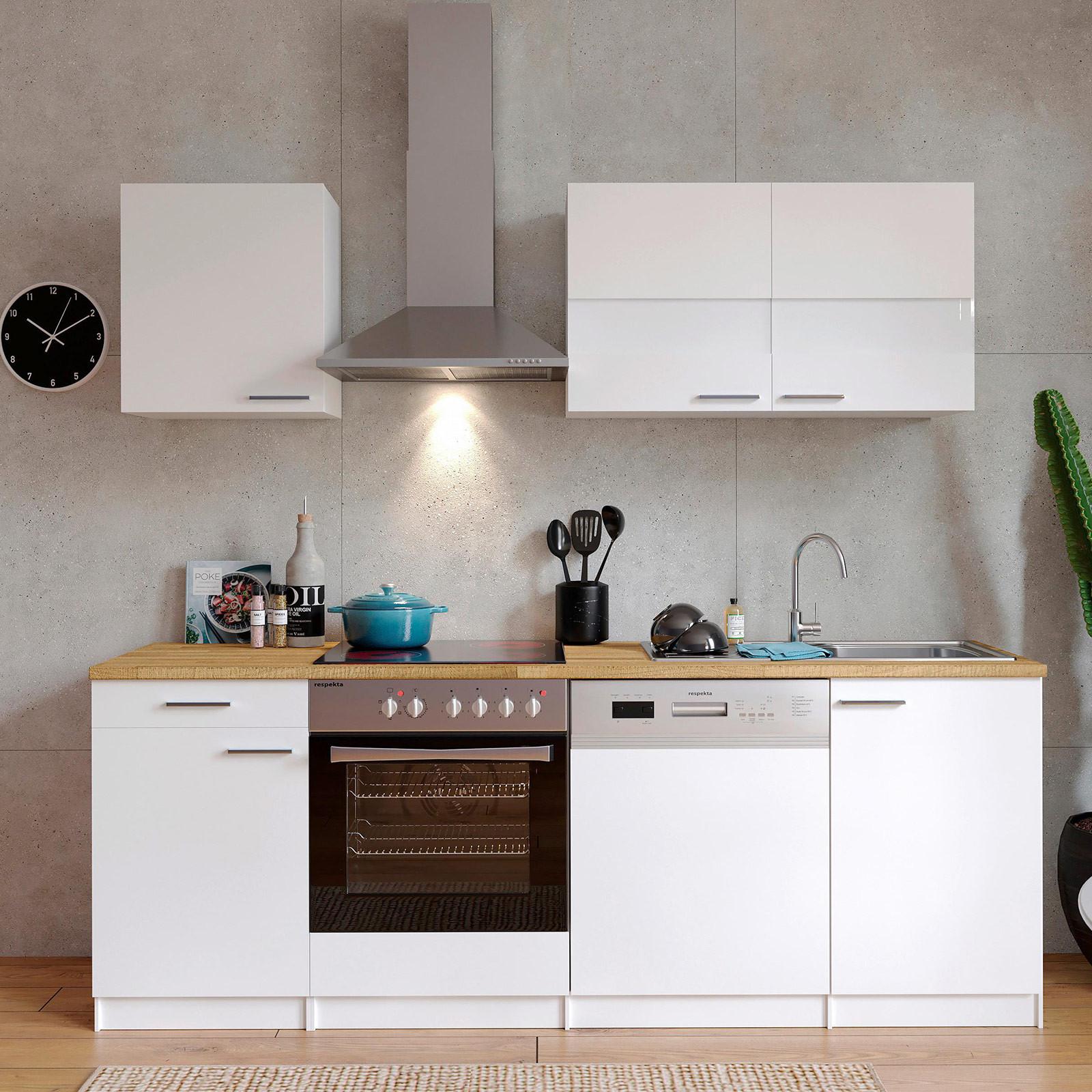 Küchenzeile Economy m. Geräten 220 cm Weiß/Nussbaum Dekor - Nussbaumfarben/Weiß, Basics, Holzwerkstoff (220cm) - Respekta