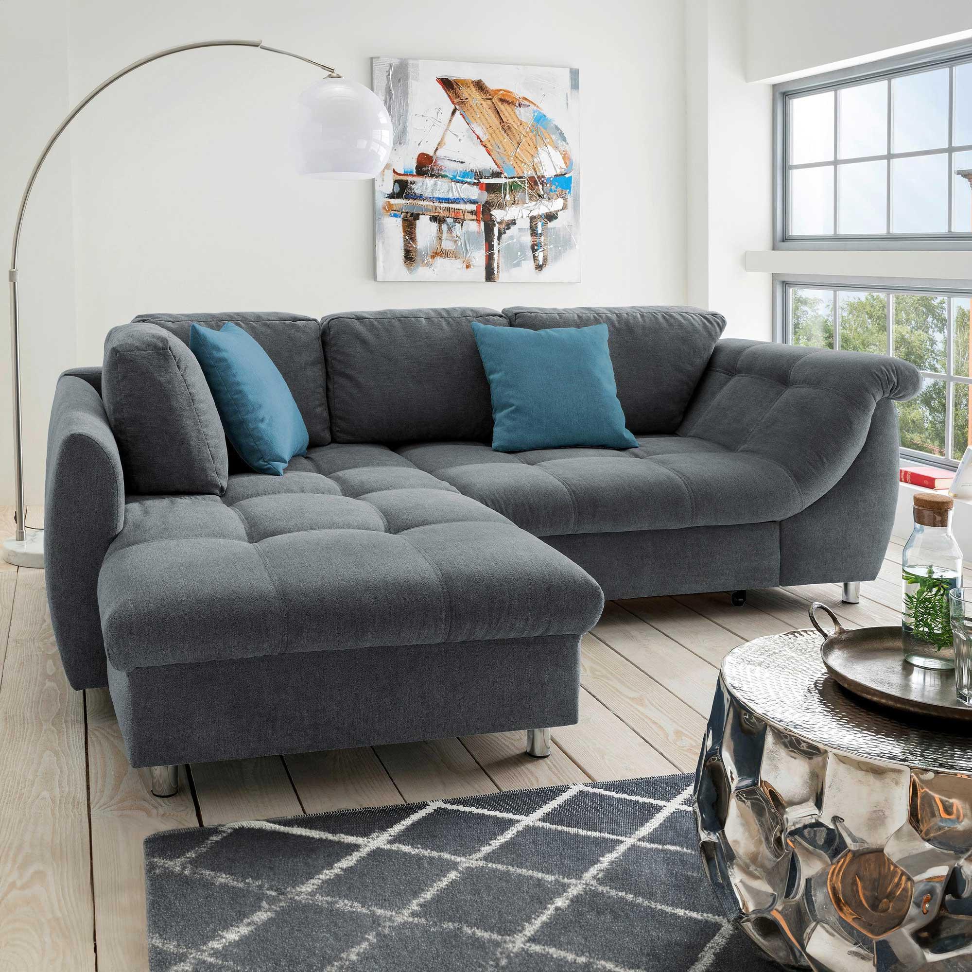 Ecksofa mit Schlaffunktion + Zierkissen Agira, Blau - Blau/Chromfarben, Design, Textil (190/250cm) - Livetastic