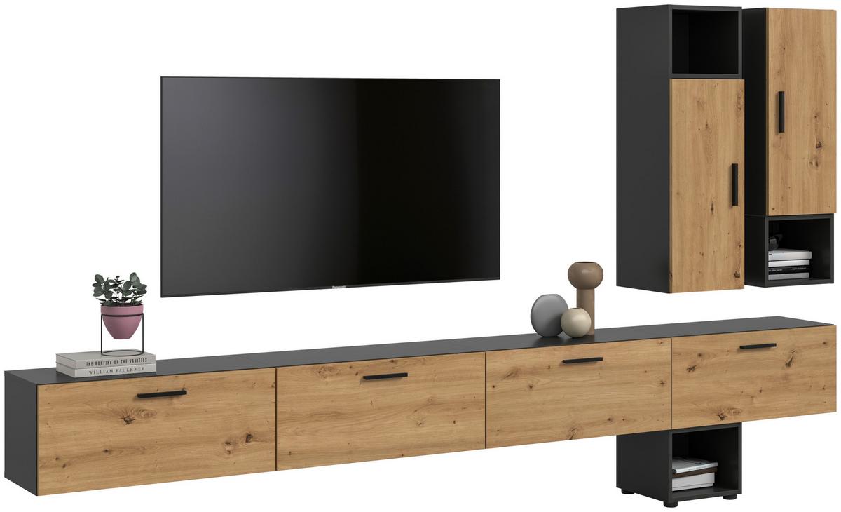 Wohnwand, The One 7, B: 300 cm Artisan Eiche Dekor/Grau - Schwarz/Eiche Artisan, Trend, Holzwerkstoff (300/178/34cm)