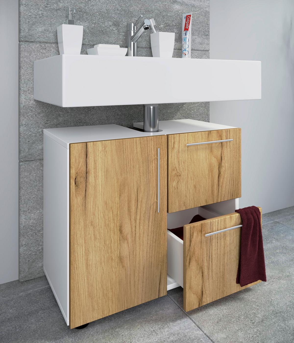 Waschbeckenunterschrank Flandu B: 61 cm, Weiß - Honigeiche/Schwarz, MODERN, Holzwerkstoff (61/51/32cm) - MID.YOU