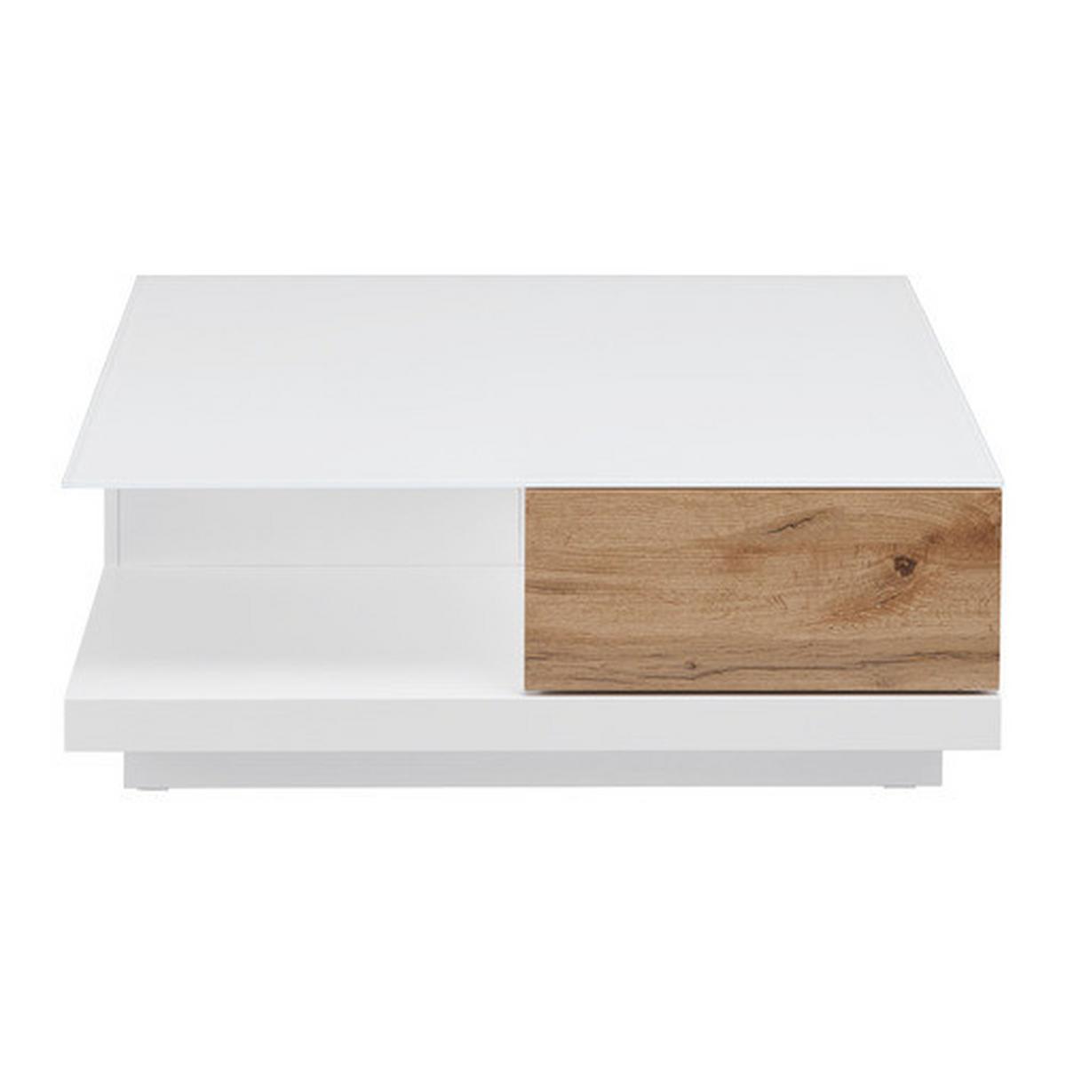 Konferenční stolek NEVIO bílá/dekor dub - bílá/barvy dubu, Moderní, sklo (85/85/30cm) - Bessagi Home