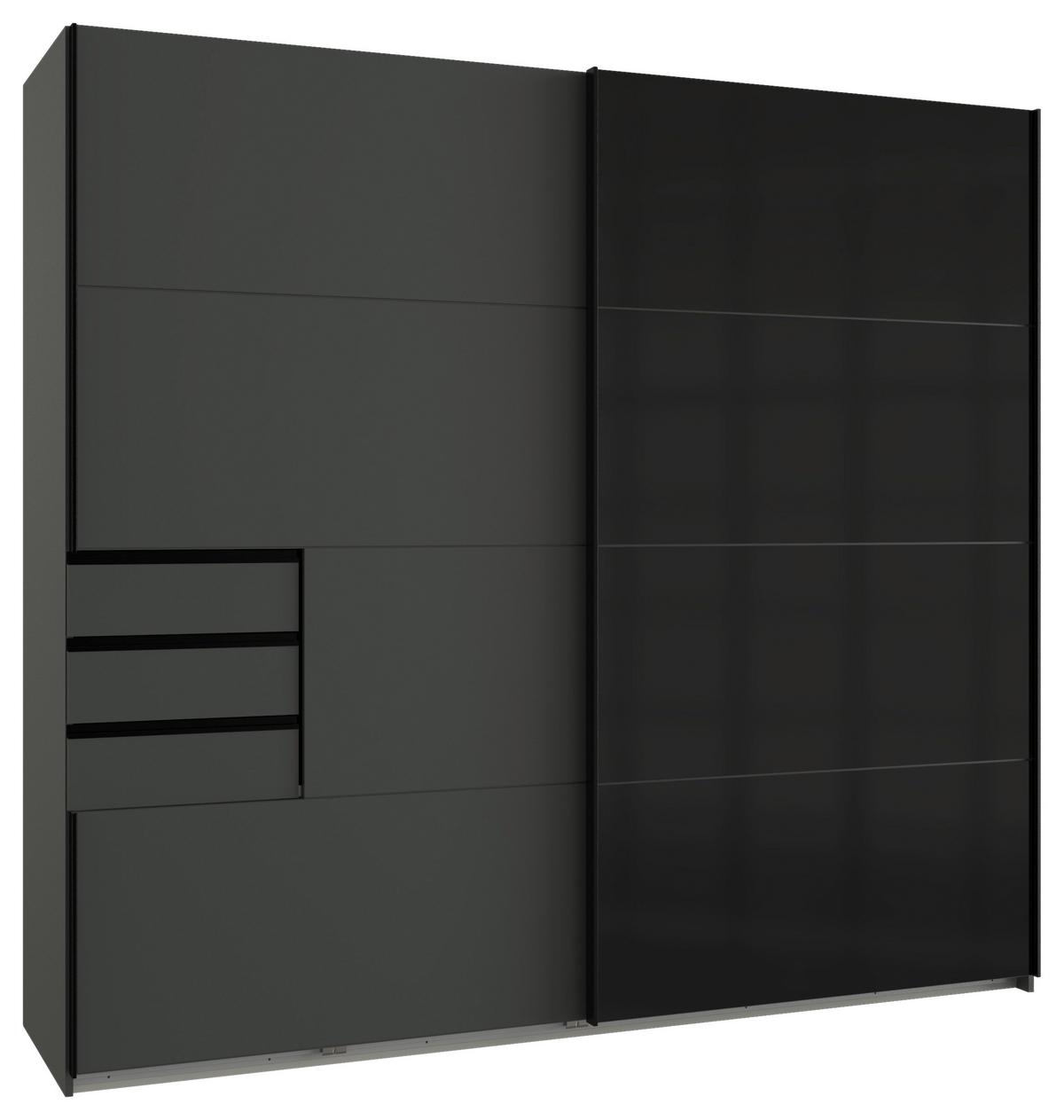 Skříň s posuv. dveřmi SAIGON grafit/černé sklo, š. 225 cm - černá/barvy grafitu, Konvenční, kov/kompozitní dřevo (225/208/64cm) - Premium Living