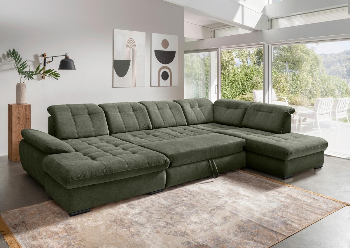 Wohnlandschaft Mit Bettkasten Rigatti Dunkelgrün B: 387 Cm - Dunkelgrün/Schwarz, MODERN, Textil (184/387/252cm) - Livetastic