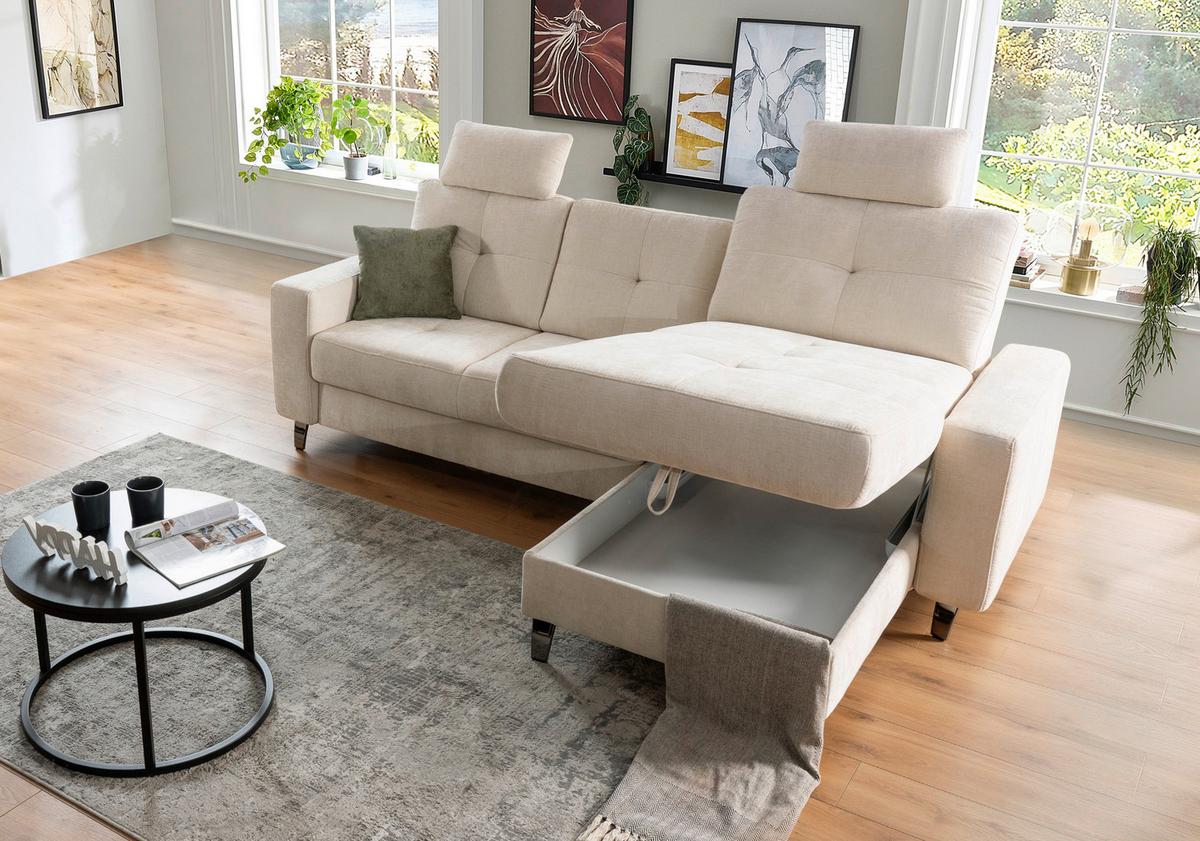 Ecksofa Varese mit Bettkasten Naturfarben 239x164 cm - Beige/Schwarz, KONVENTIONELL, Textil (239/164cm) - James Wood