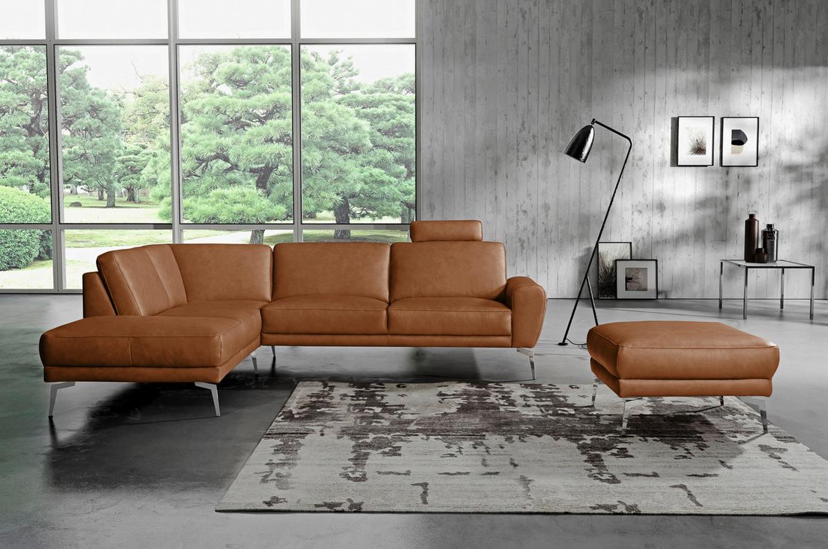 Hocker Spring Cognac Chrom, B: 96 cm - Chromfarben/Cognac, Design, Leder (96/45/80cm) - Livetastic
