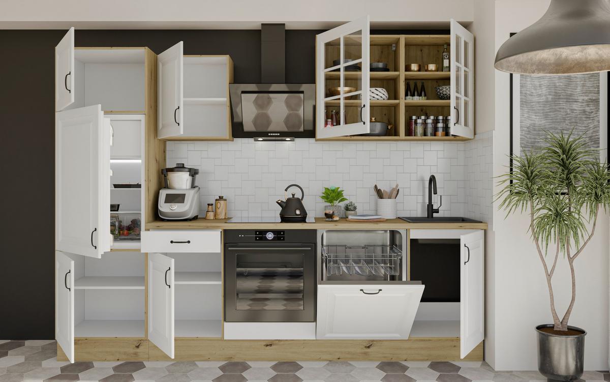 Kuchyňský blok STINA bez spotřebičů, šířka 280 cm - bílá/černá, Romantický / Rustikální, kov/kompozitní dřevo (280/219/60cm) - Livetastic