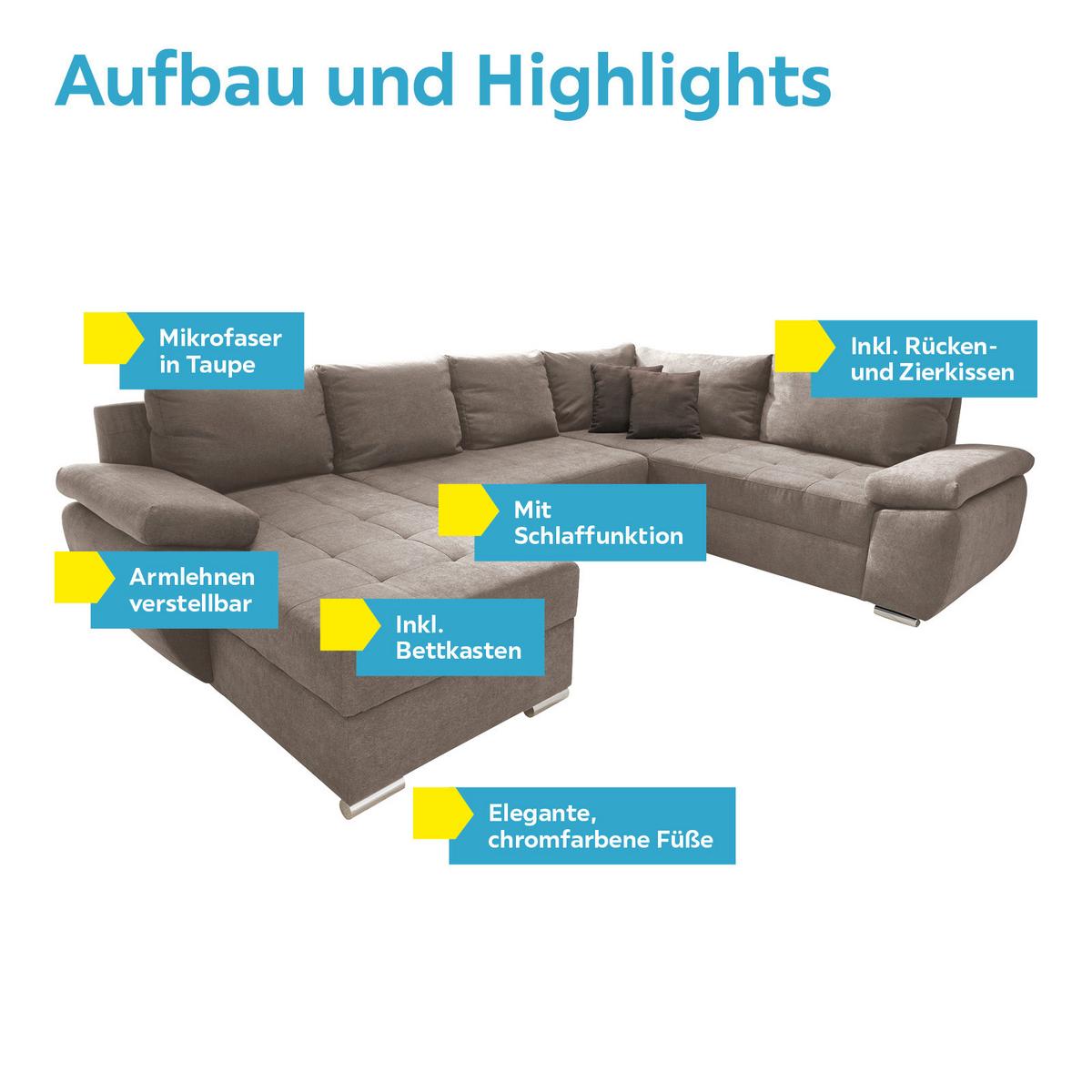 Wohnlandschaft Terana Mit Schlaffunktion, Taupe - Taupe/Chromfarben, KONVENTIONELL, Textil (157/305/219cm) - Livetastic