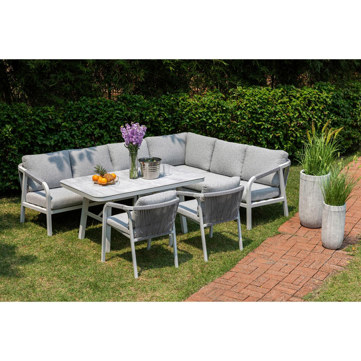 DINING-LOUNGESET HARVEY XL - Weiß/Grau, MODERN, Glas/Textil - Gardenson