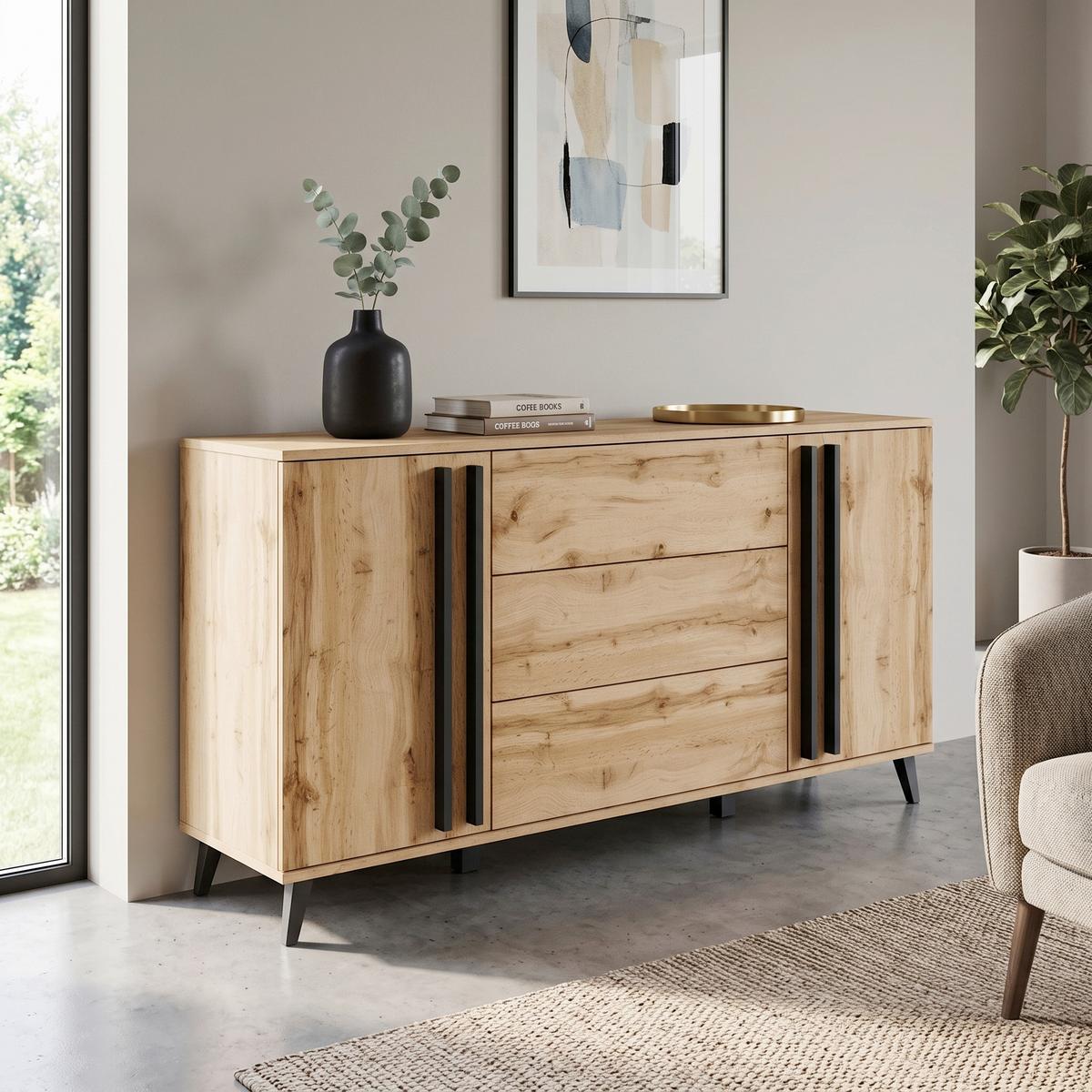Sideboard Helsinki Eiche Wotan Dekor B: 150cm - Eiche Wotan/Schwarz, Trend, Holzwerkstoff (150/77,8/39,5cm) - P & B