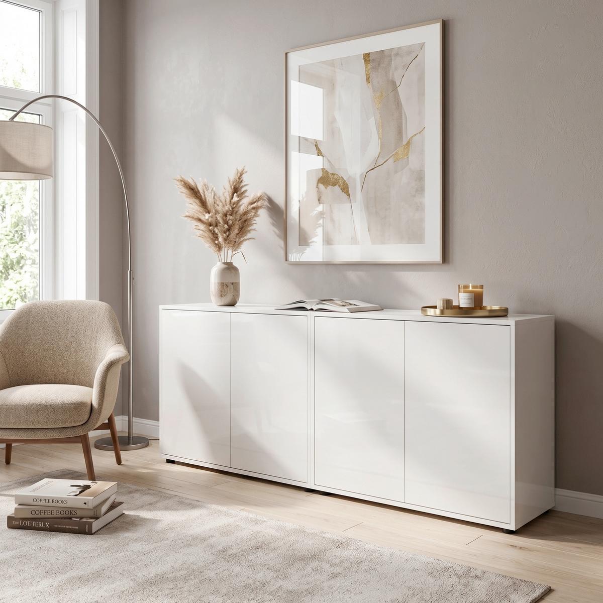 SIDEBOARD Mailand 2 B: 158 cm Weiß - Weiß Hochglanz/Schwarz, MODERN, Holzwerkstoff (158/73/33cm) - MID.YOU