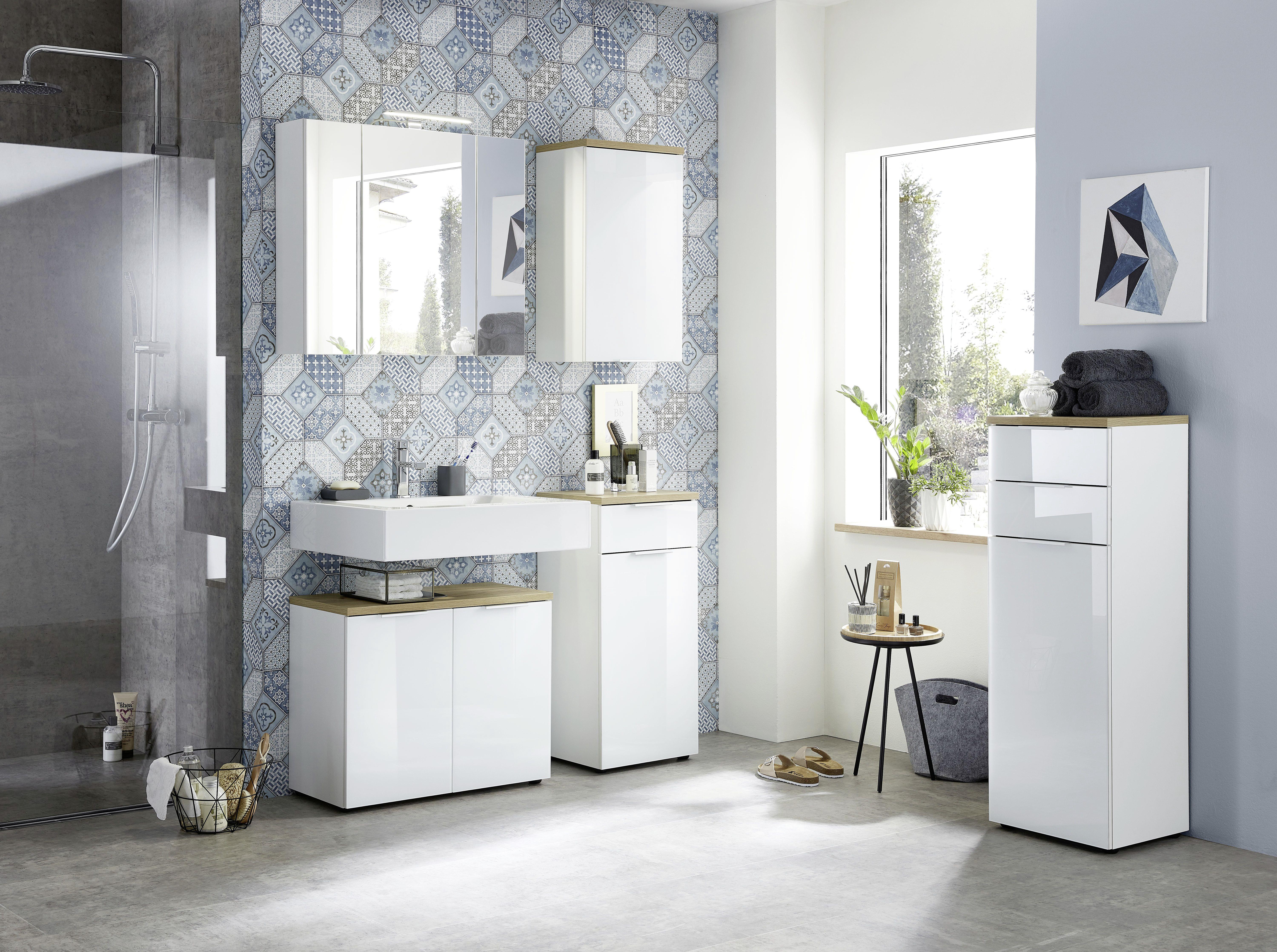 Waschbeckenunterschrank Gw-Pescara B: 70 cm Weiß Dekor - Eichefarben/Schwarz, Design, Glas/Holzwerkstoff (70/58/34cm) - Germania