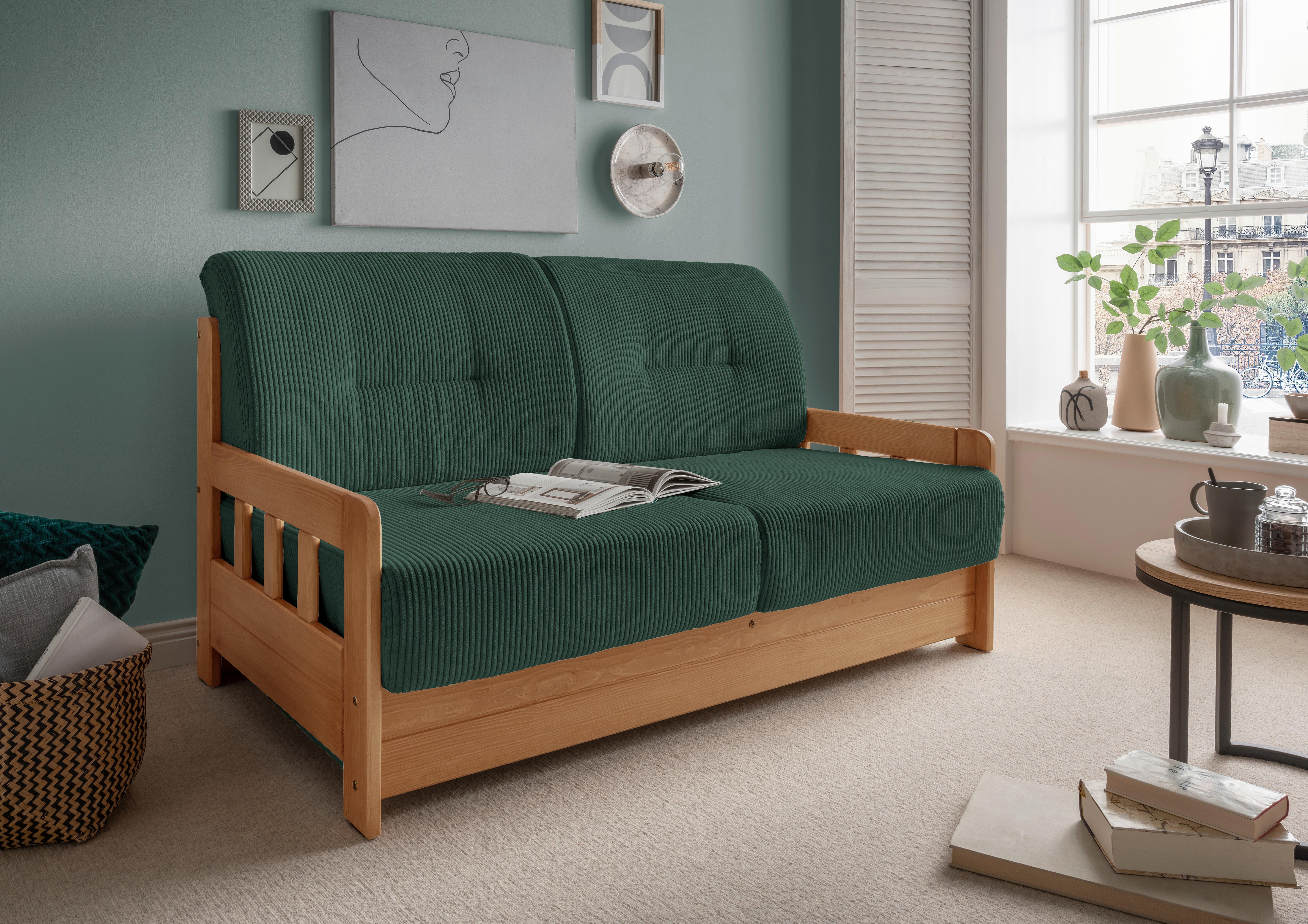 2-Sitzer-Sofa Mit Schlaffunktion Camino B:154 cm - Dunkelgrün/Kieferfarben, MODERN, Holz/Textil (154/88/90cm) - Livetastic
