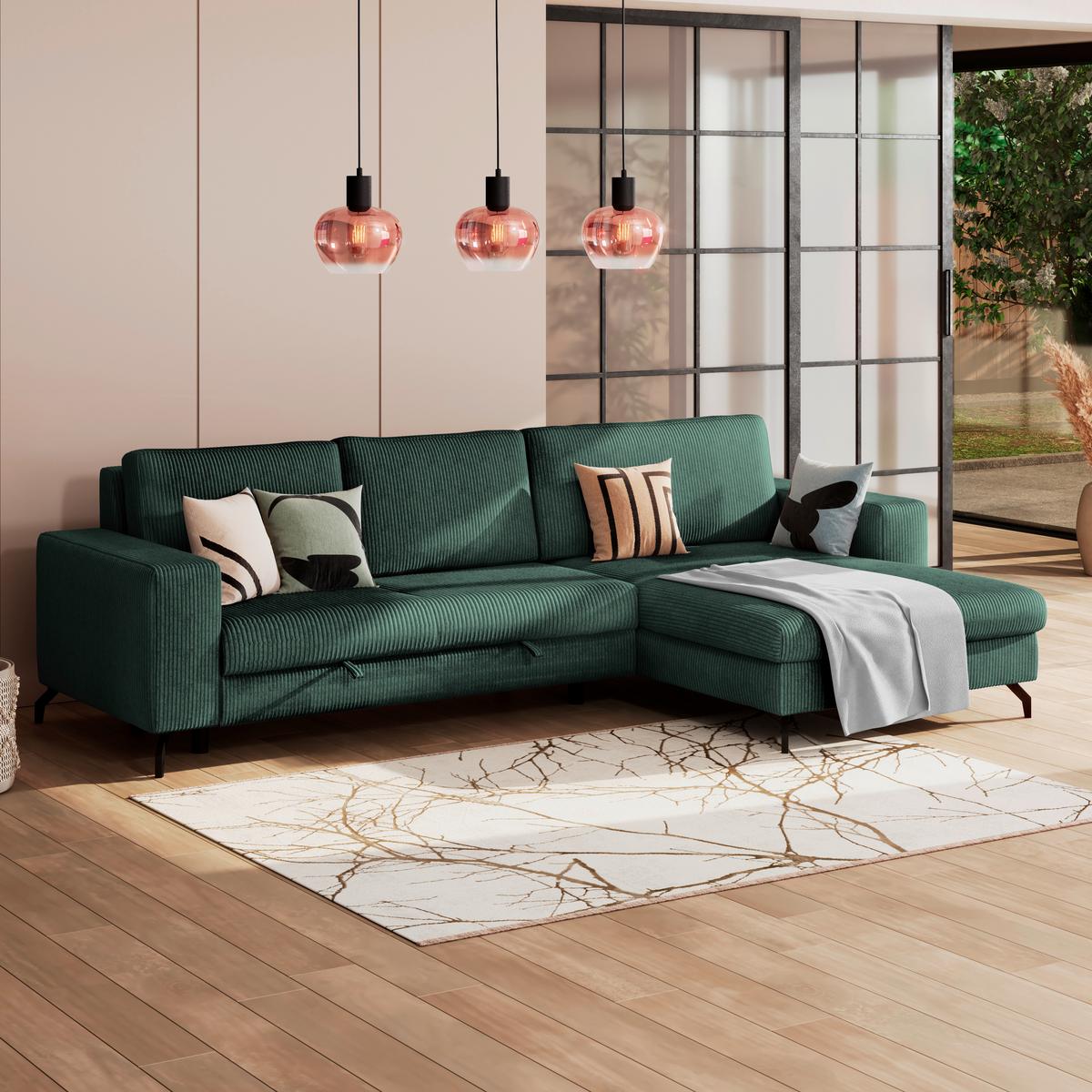 Ecksofa mit Schlaffunktion & Bettkasten Cloud Waldgrün Cord - Waldgrün, Trend, Textil (290/178cm)
