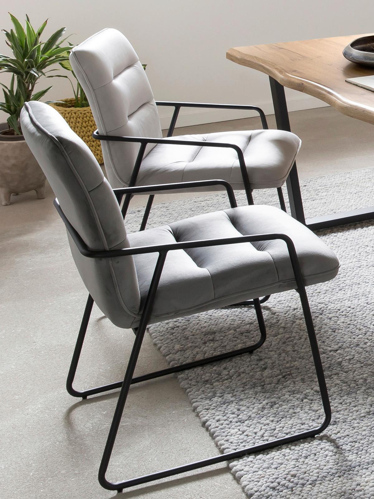 Armlehnstuhl-set Samt Hellgrau, B: 52cm - Hellgrau/Schwarz, Design, Textil/Metall (52/88/66cm) - Livetastic