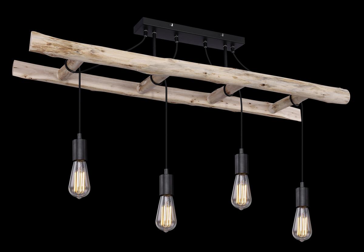 Deckenleuchte H: 80 cm 4-Flammig, Holzleiter - Schwarz/Naturfarben, Natur, Holz/Metall (115/30/80cm) - Globo