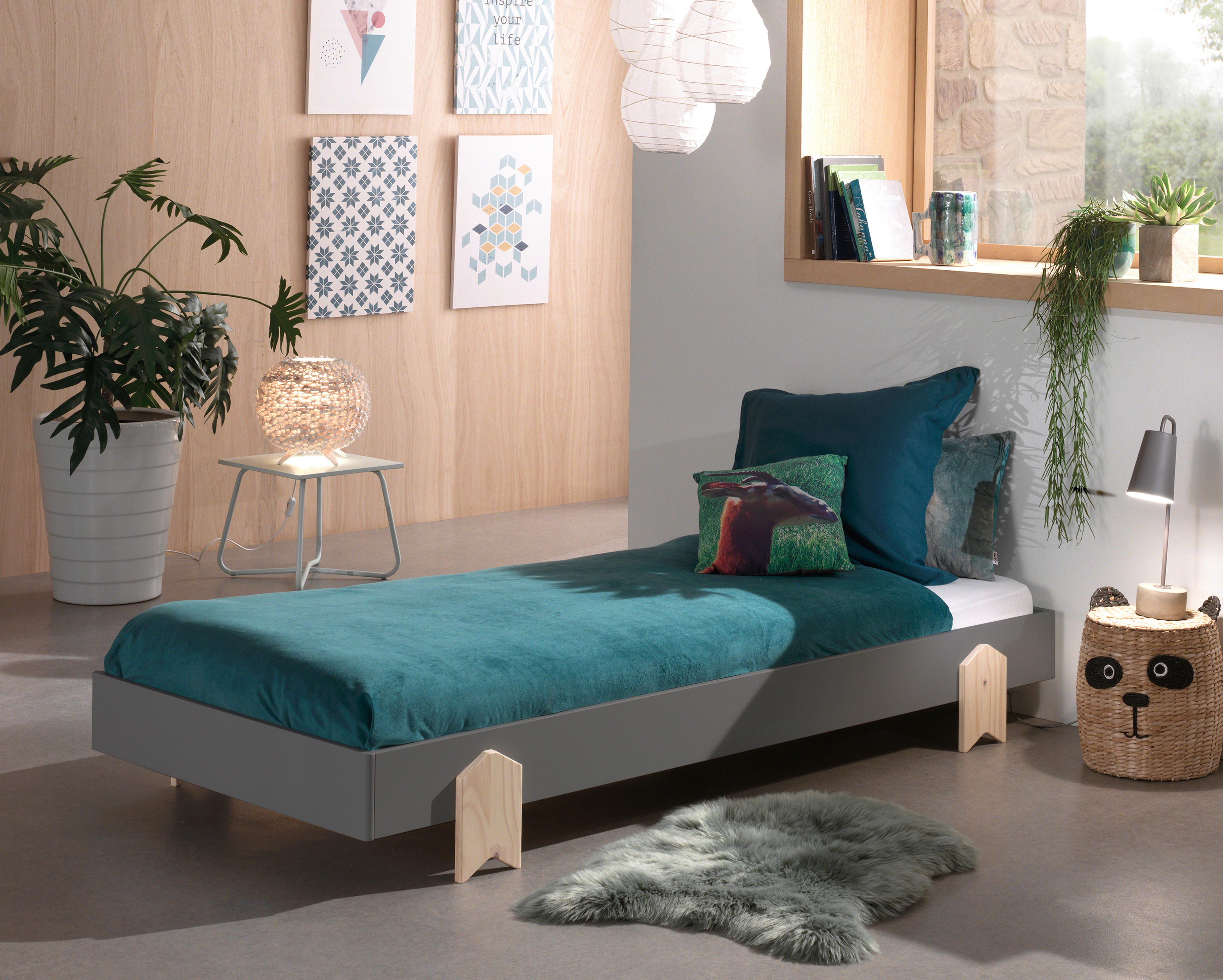 Posteľ pre deti a mládež MODULO sivá - sivá/farba borovice, Modern, drevo/kompozitné drevo (90/200cm) - MID.YOU