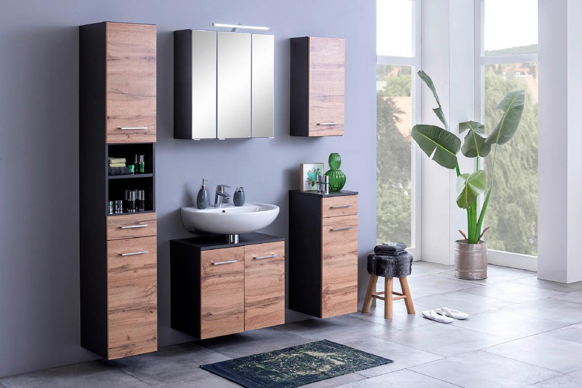 Waschbeckenunterschrank Paris Eiche Wotan/Weiß B: 60 cm - Silberfarben/Eiche Wotan, MODERN, Holzwerkstoff (60/53/35cm) - Held