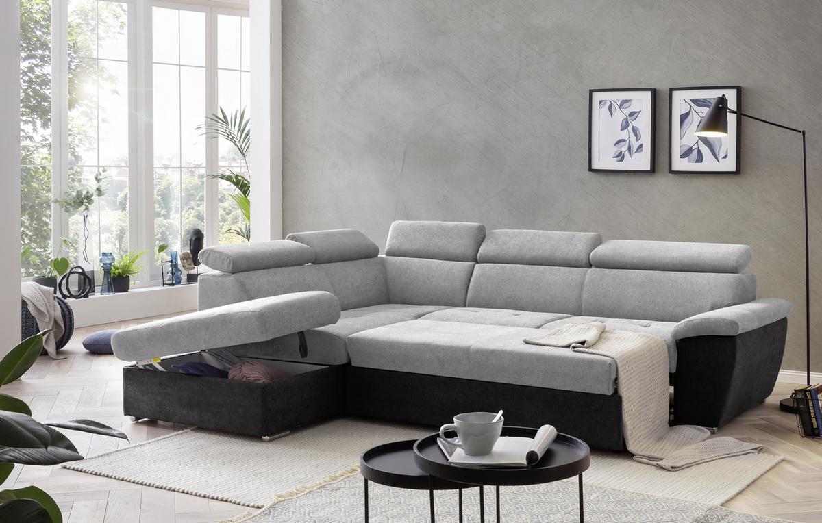 Ecksofa Mit Schlaffunktion Antero Und Bettkasten Hellgrau - Chromfarben/Silberfarben, Design, Textil (216/262cm) - Livetastic