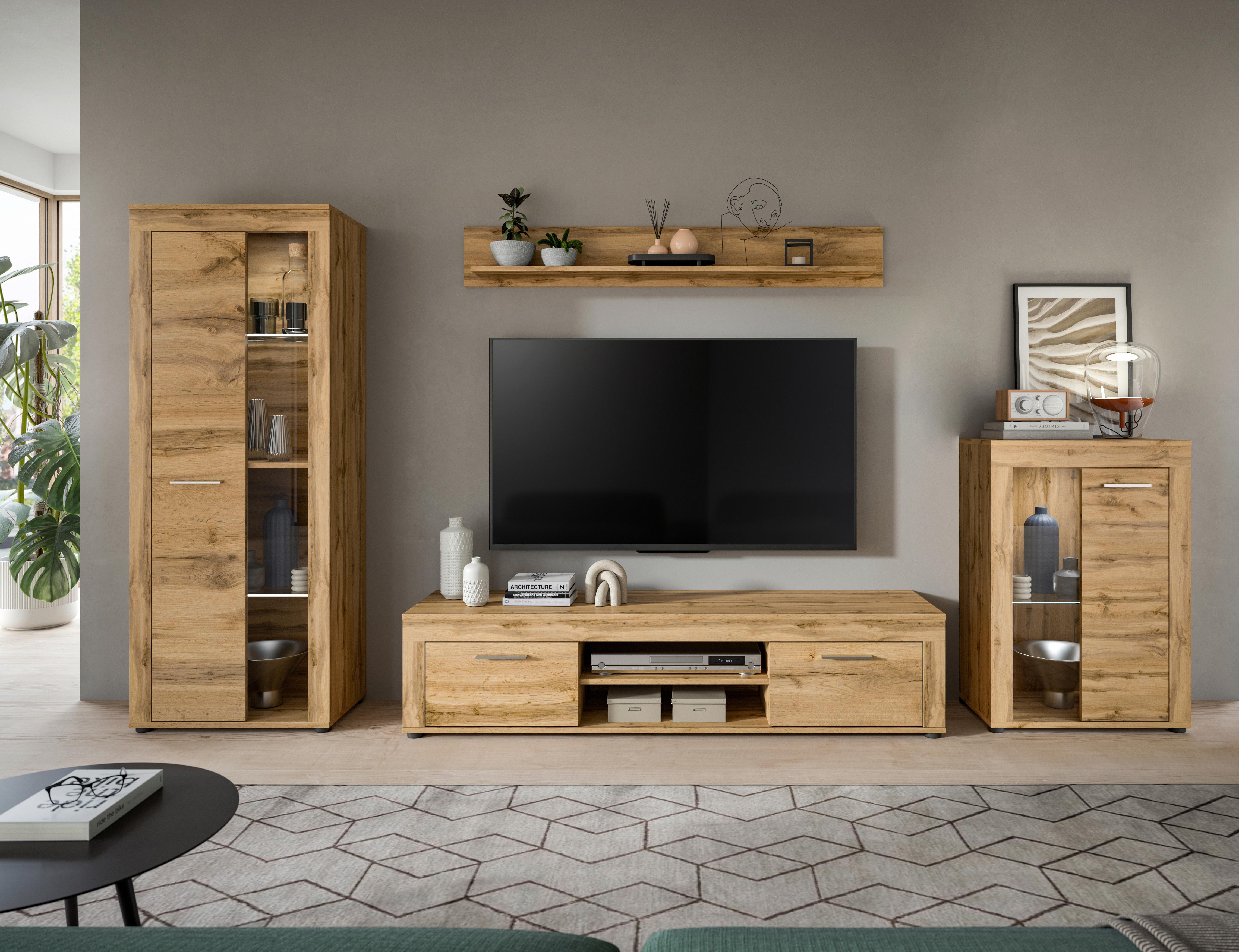 Wohnwand Jam Eiche Wotan Dekor B: 310cm - Eiche Wotan/Schwarz, Design, Glas/Holzwerkstoff (310/169/35cm) - MID.YOU