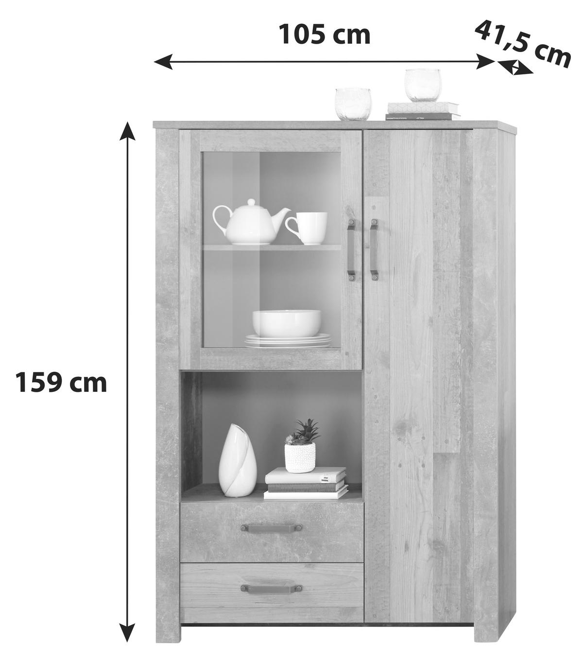 Félmagas Szekrény Ontario - tölgyfa/sötétszürke, Trend, faalapú anyag/Üveg (105/159/41,5cm) - Ondega
