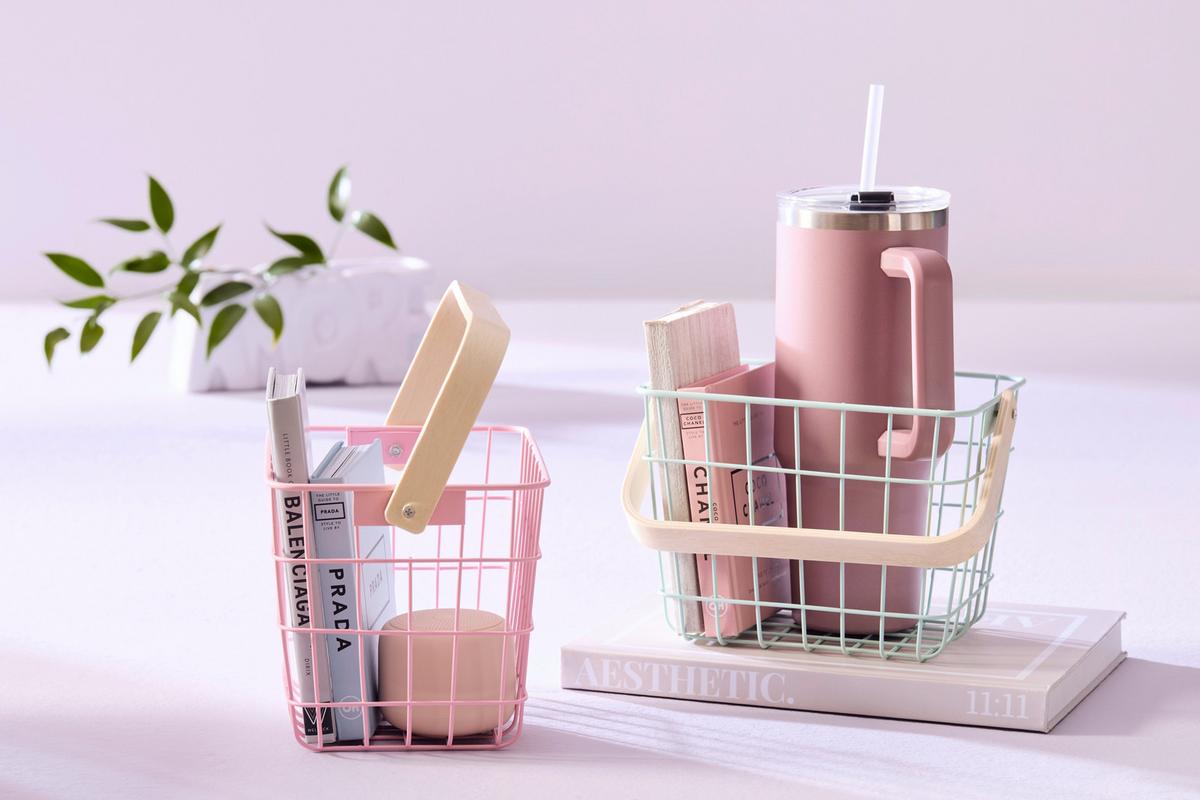 Košík LINUS - prírodná farba/ružová, kov/drevo (20/15/15cm) - Mömax