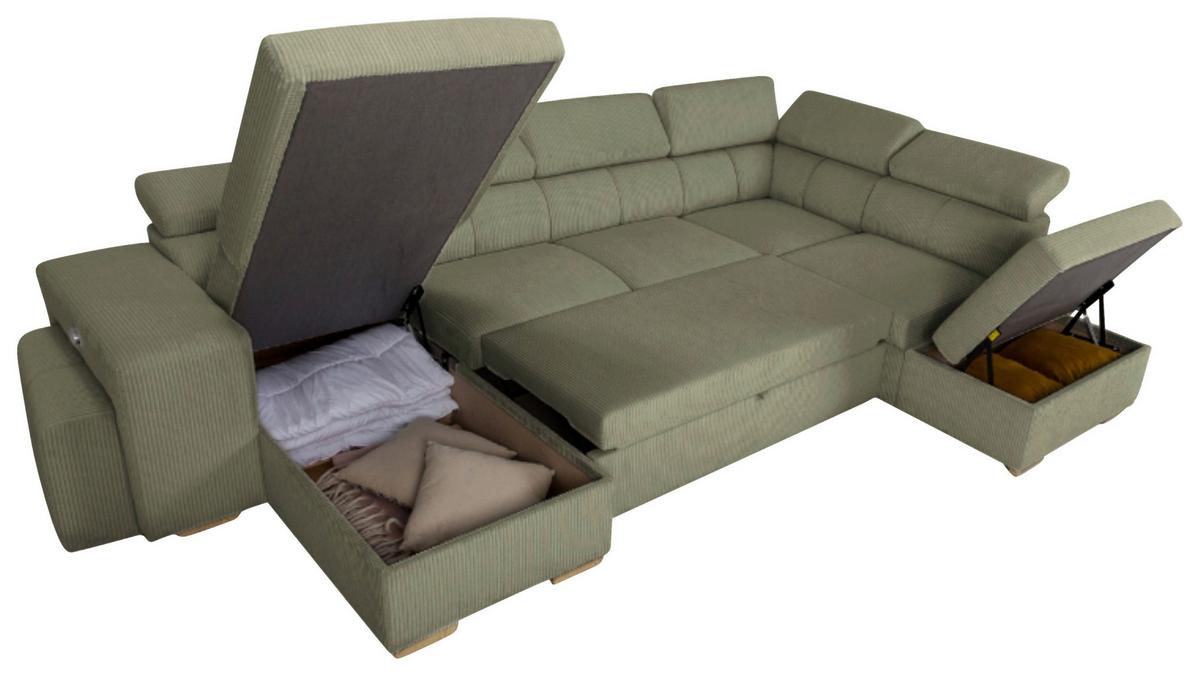 Schlafsofa mit Bettkasten Sirius XL, olivgrün, 219cx334m - Eichefarben/Olivgrün, KONVENTIONELL, Holz/Holzwerkstoff
