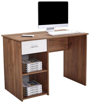 Schicker Arbeitsplatz in Kraft Eiche Eiche Dekor und Weiß Schreibtisch in Eiche Dekor mit weißer Schublade und zwei offenen Fächern