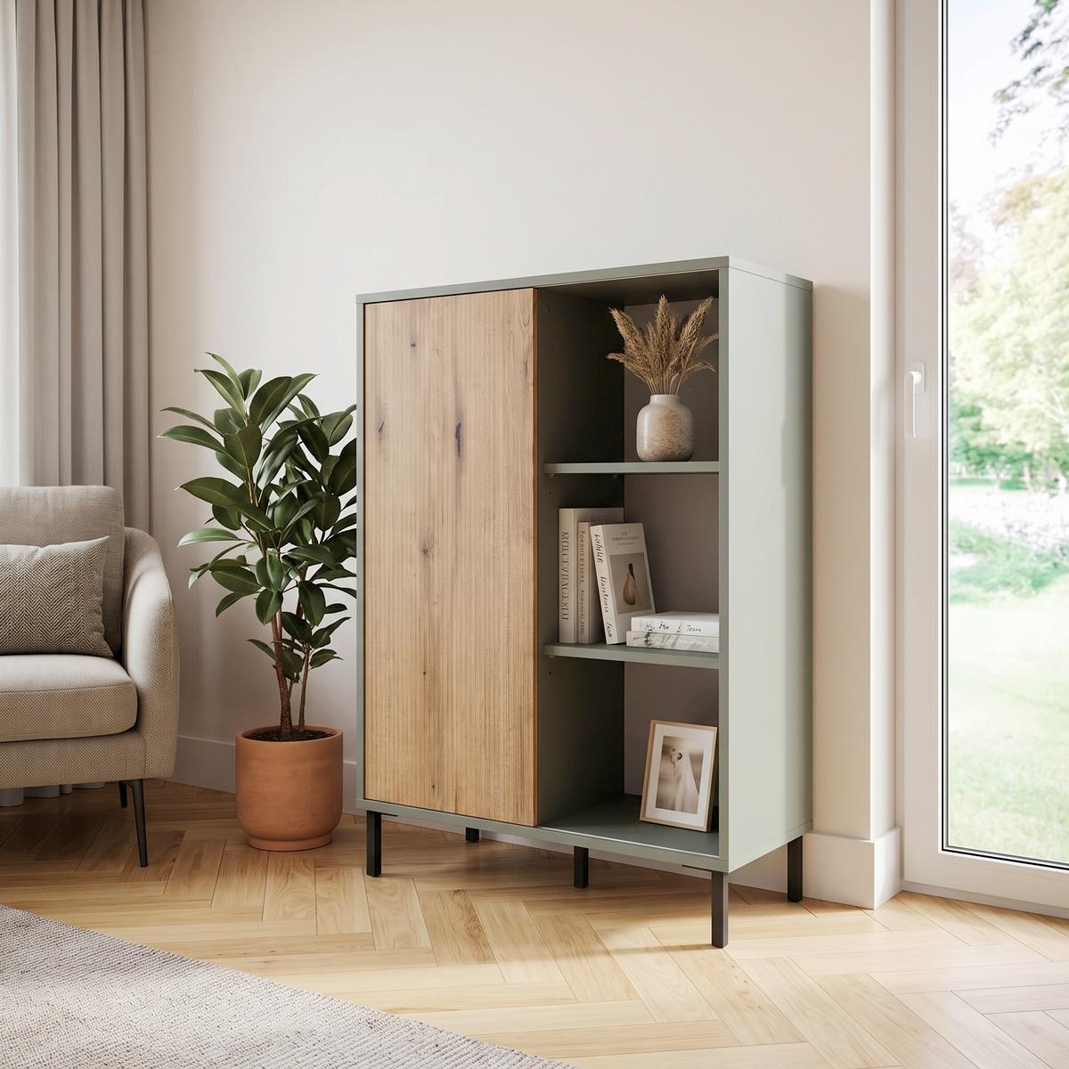 Kommode Pozzi Graugrün/Eichefarben B: 75 cm - Eichefarben/Schwarz, Trend, Holzwerkstoff (75/105,2/40cm)