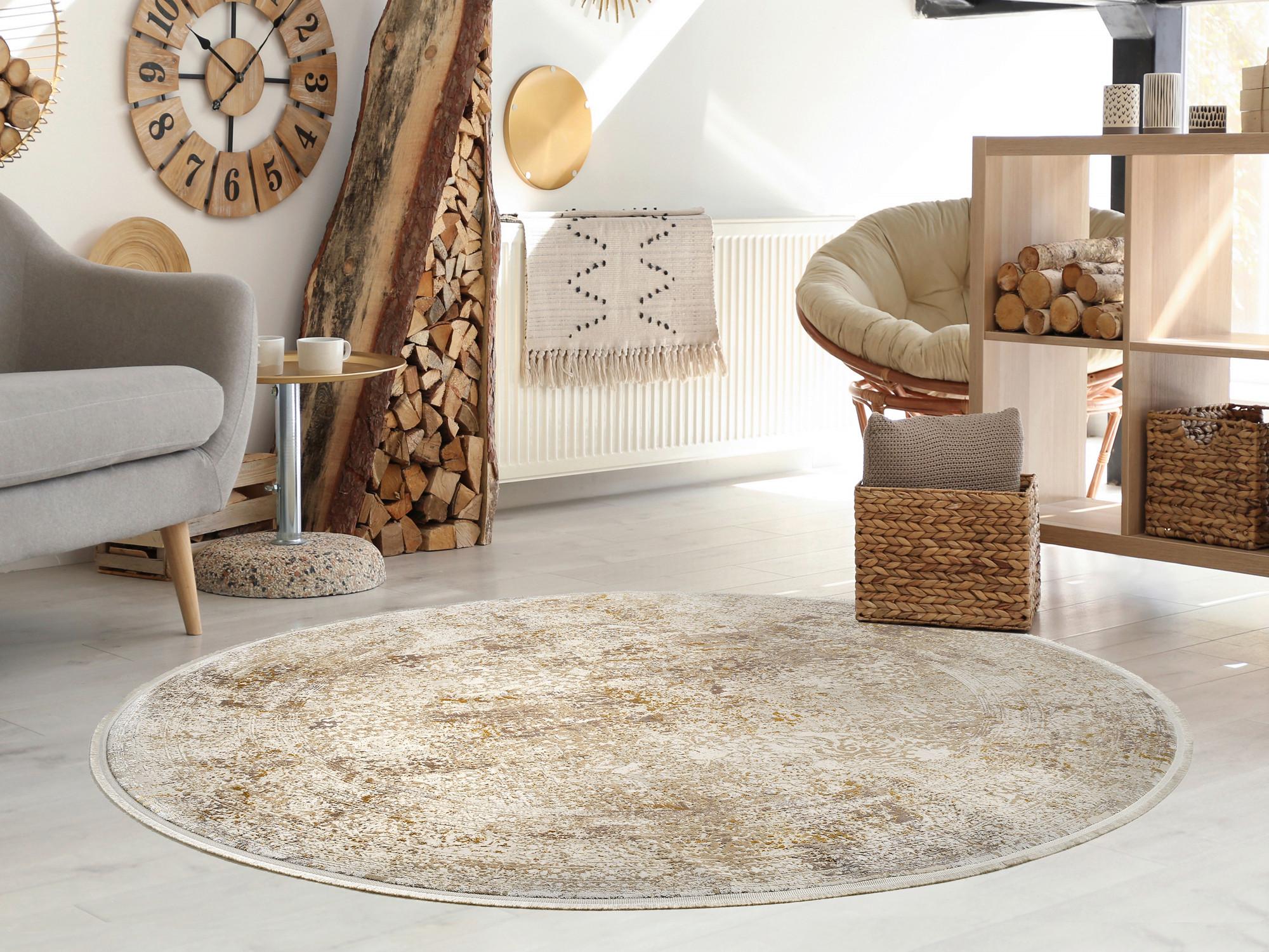 Webteppich Avignon Goldfarben/Beige Rund Ø 160 cm - Beige/Goldfarben, Design, Textil (160cm) - Dieter Knoll