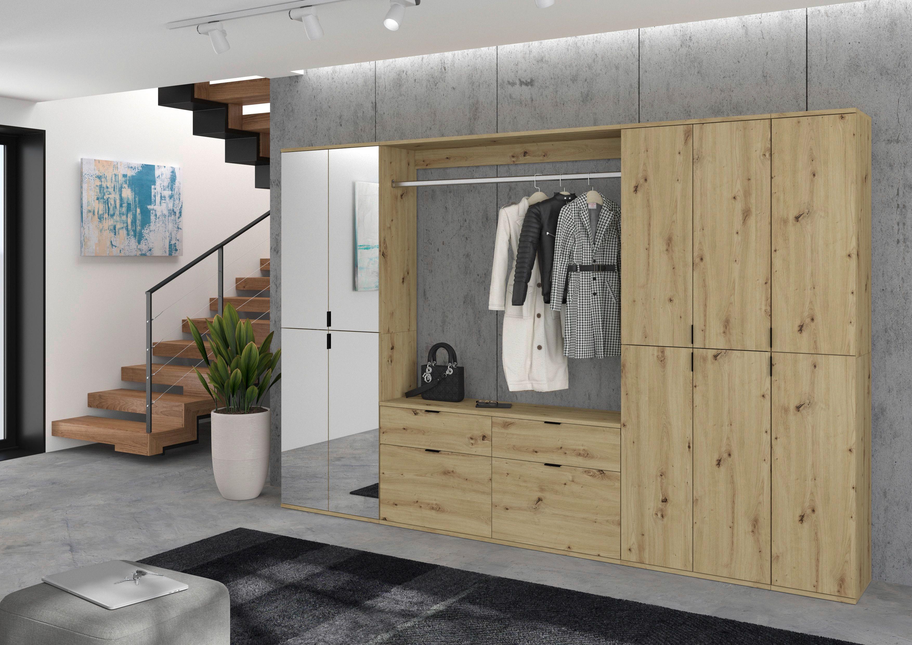 Garderobe Projekt X 4-Teilig Eiche Artisan B: 273 cm - KONVENTIONELL, Glas/Holzwerkstoff (273/193/34cm) - MID.YOU
