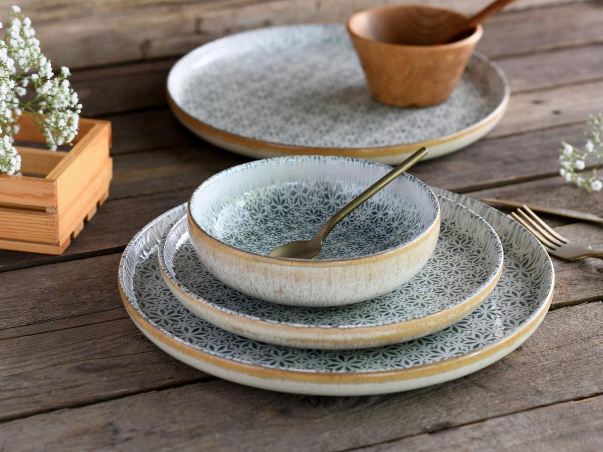 Tafelservice Uno Emiliana 12--Teilig., Creme, Grün - Creme/Grau, Basics, Keramik - Creatable