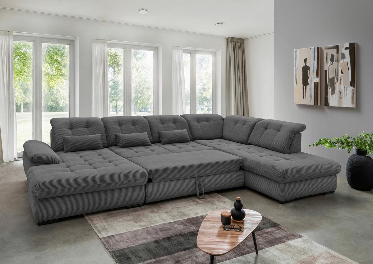 Wohnlandschaft mit Bettkasten Rigatti Grau B: 387 cm - Schwarz/Grau, MODERN, Textil (184/387/252cm) - Livetastic