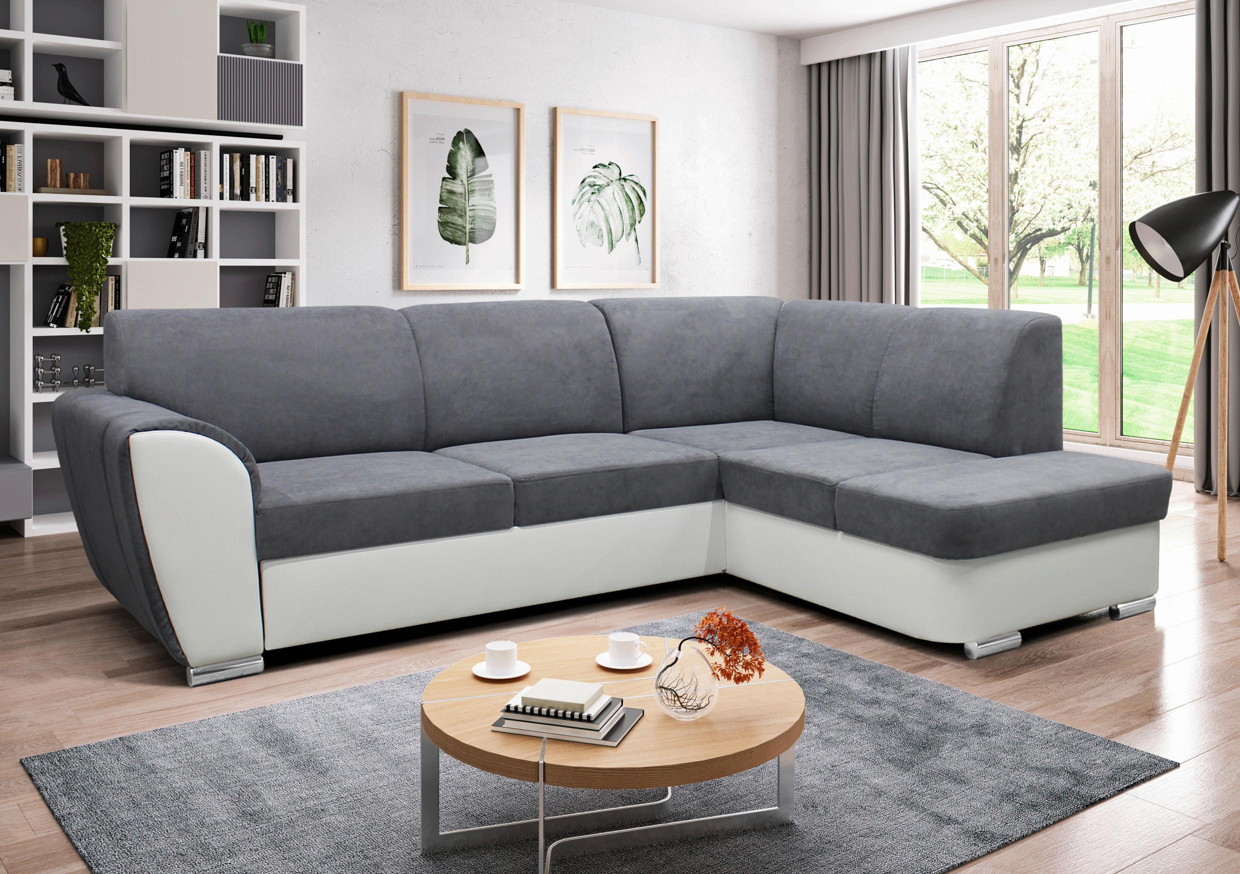 Ecksofa Mit Bettkasten Doris Rücken Echt Grau/weiß - Silberfarben/Weiß, Design, Textil (255/196cm) - MID.YOU