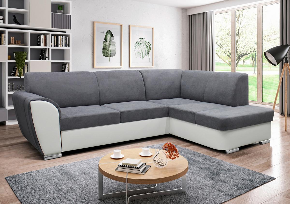 Ecksofa Mit Bettkasten Doris Rücken Echt Grau/weiß - Silberfarben/Weiß, Design, Textil (255/196cm) - MID.YOU