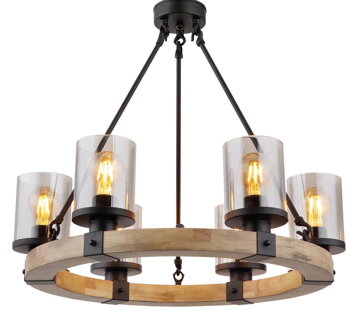 Hängeleuchte 15555-6h - Dunkelbraun/Schwarz, Natur, Glas/Holz (59/98cm) - Globo