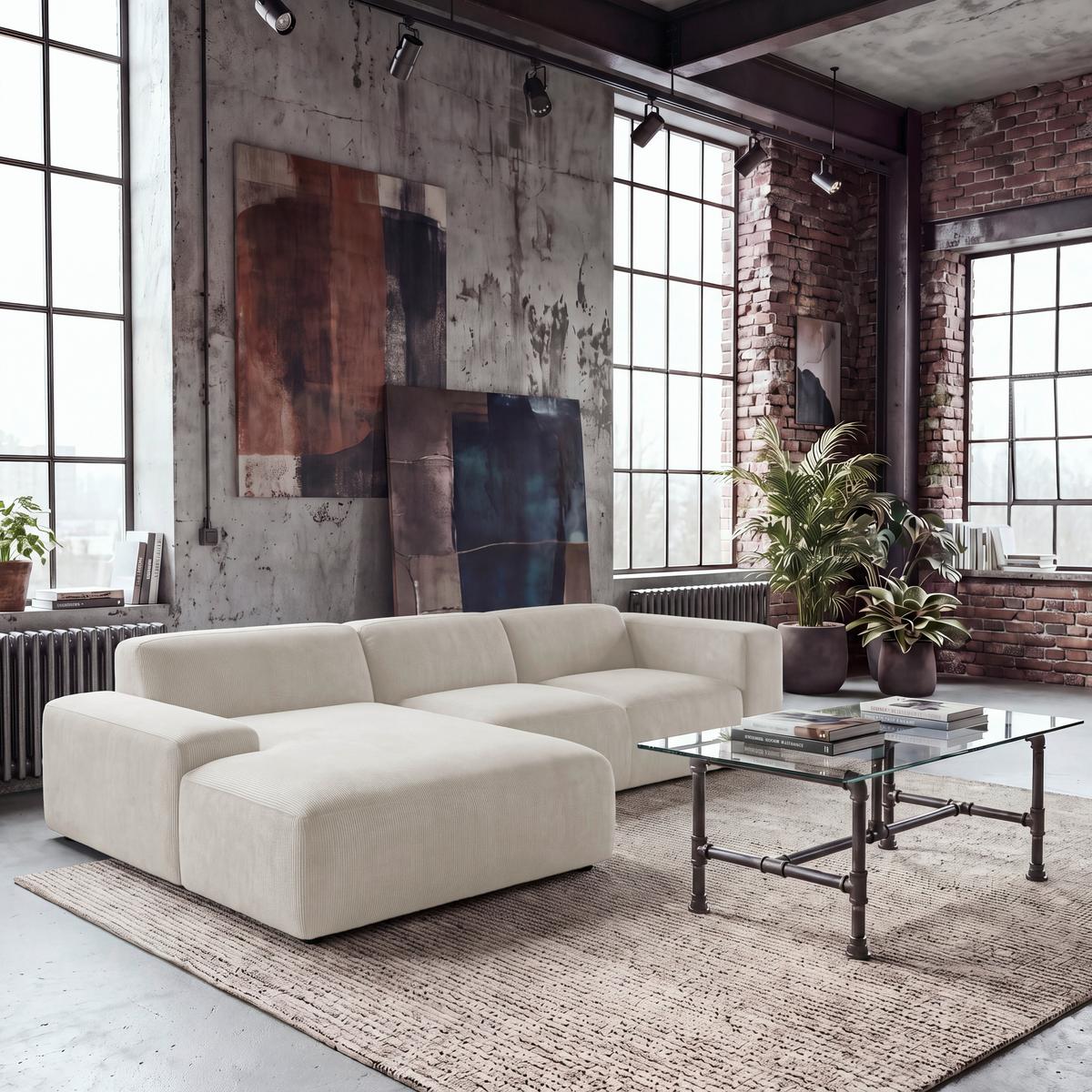 ECKSOFA Hannah Creme 200x304 cm - Creme/Schwarz, Design, Textil (200/304cm) - MID.YOU
