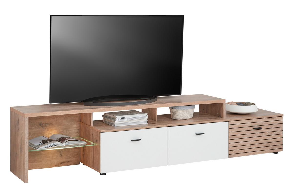 Tv-lowboard Liverpool B: 239 Cm Weiß/eichefarben - Eichefarben/Schwarz, MODERN, Glas/Holzwerkstoff (239/52/44cm)