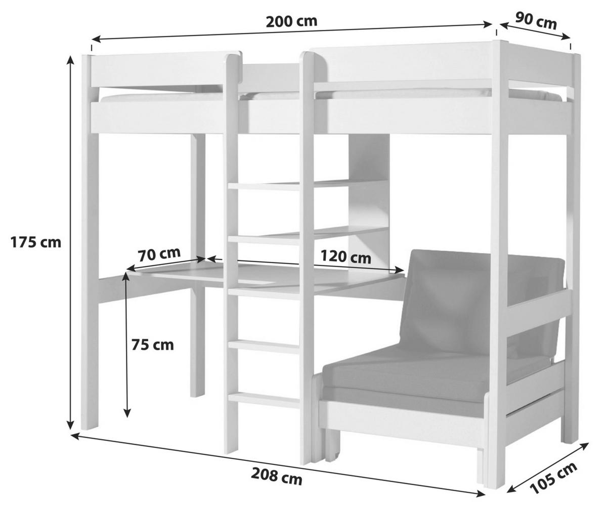 Hochbett Pino B: 105 cm Echtholz Weiß - Weiß/Kieferfarben, Basics, Holz (90/200cm) - Vipack