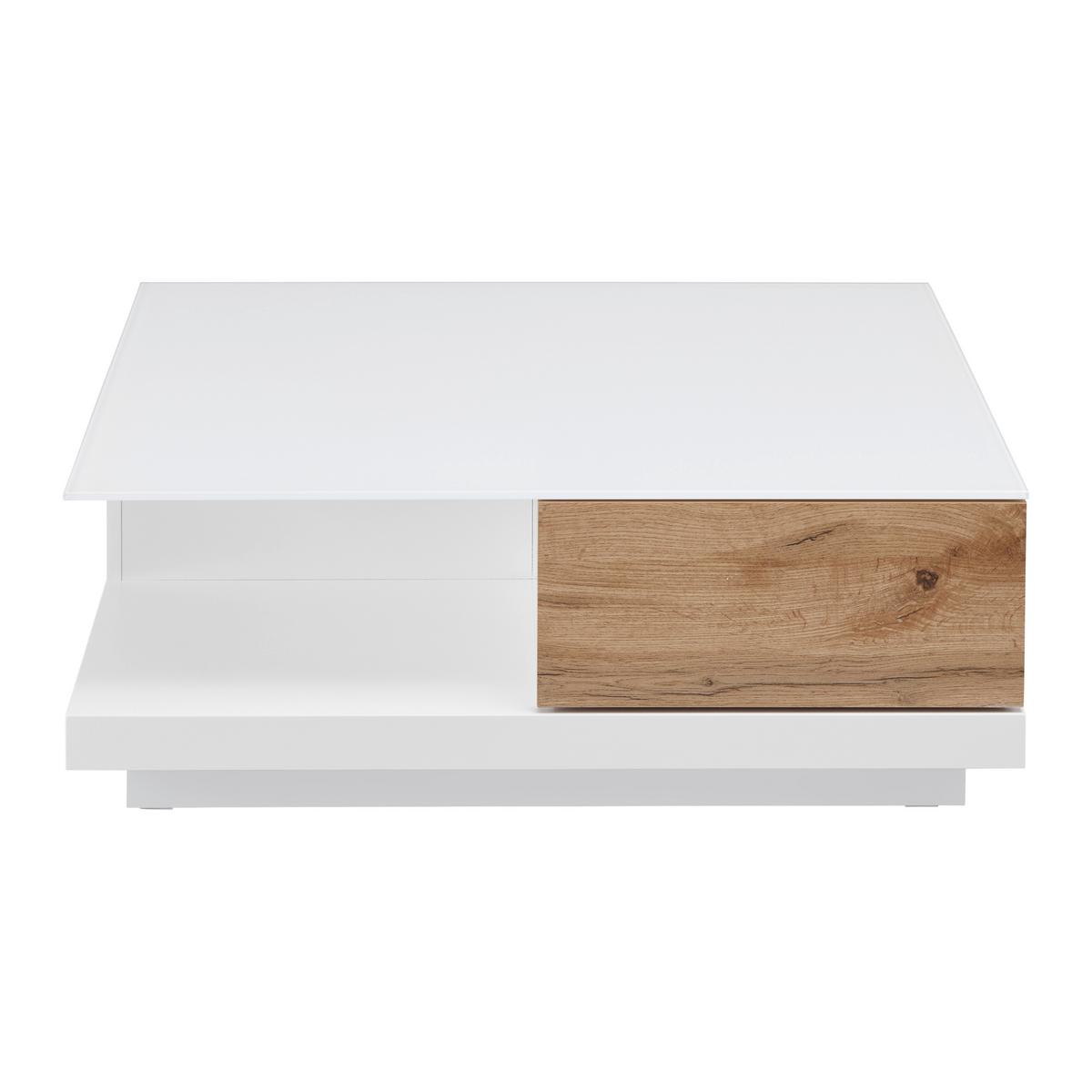 Konferenční stolek NEVIO bílá/dekor dub - bílá/barvy dubu, Moderní, sklo (85/85/30cm) - Bessagi Home