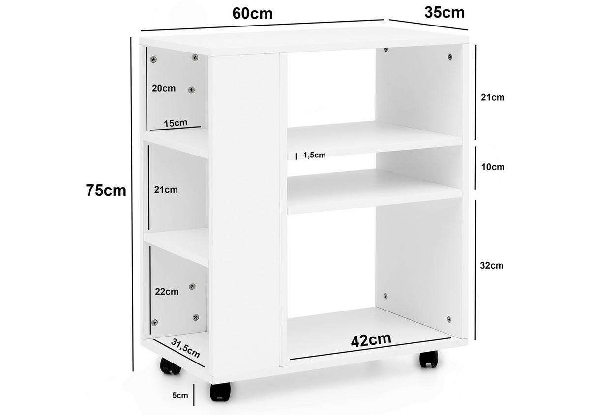 Přístavní stolek/regál bílý s kolečkami - bílá, Konvenční, kompozitní dřevo/plast (60/75/35cm) - MID.YOU