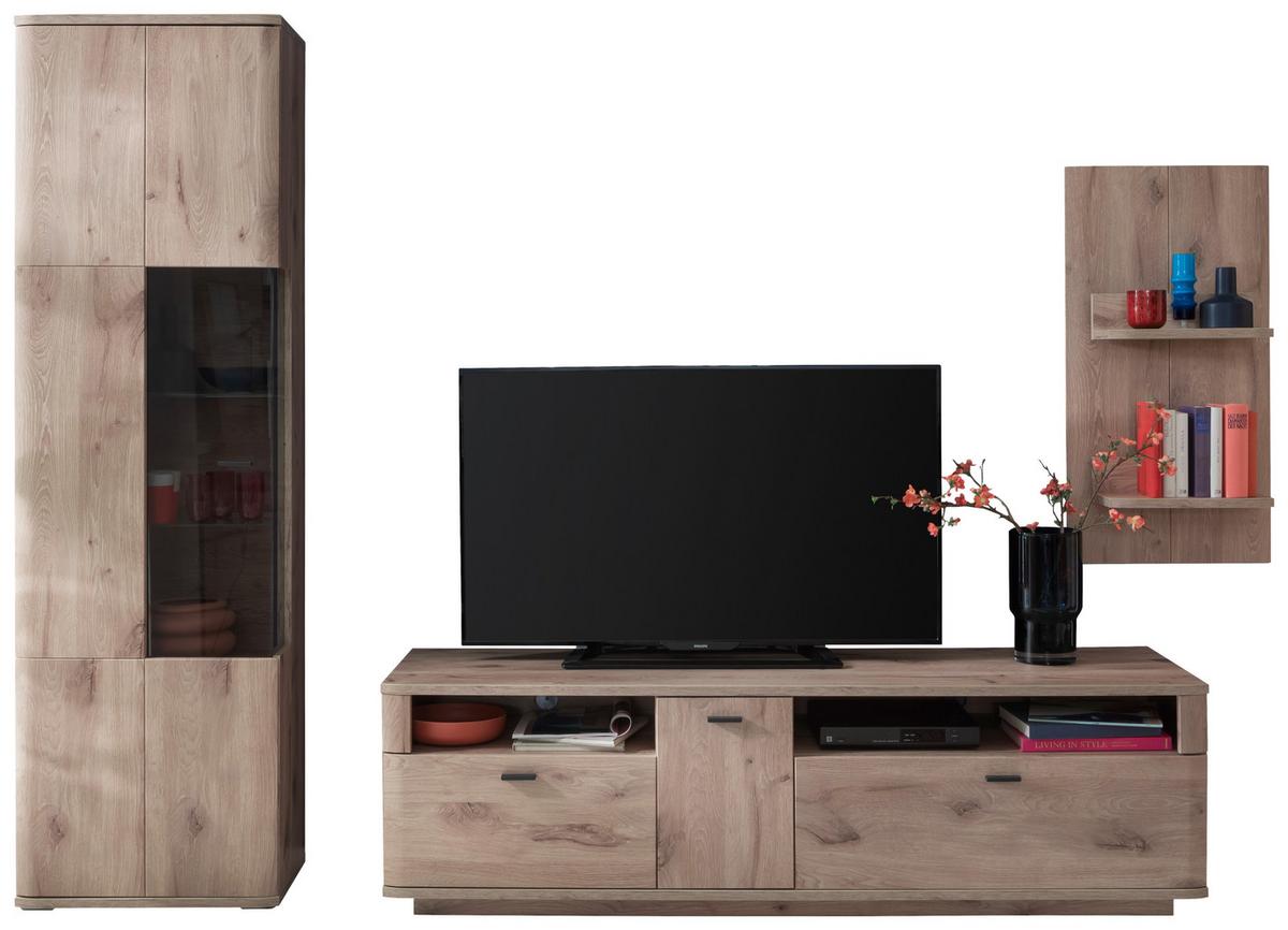 Wohnwand Prato Eiche Dekor B: 270 cm - Eichefarben, Design, Glas/Holzwerkstoff (270/199/50cm) - MID.YOU