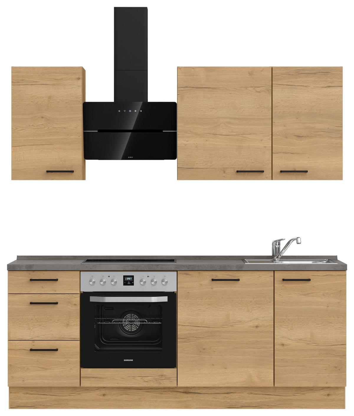 Kuchynská linka 210 cm, dub Sierra - čierna/farba duba, Modern, kov/kompozitné drevo (210cm) - Nobilia